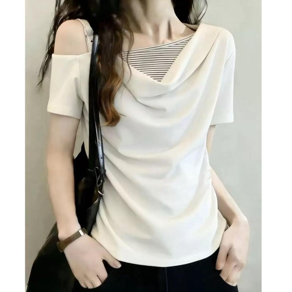 Short-sleeved T-shirt Women's Summer New One-word Shoulder Slanted Shoulder Fake Two-piece Splicing Great-looking Pinched Waist Off-shoulder Top
