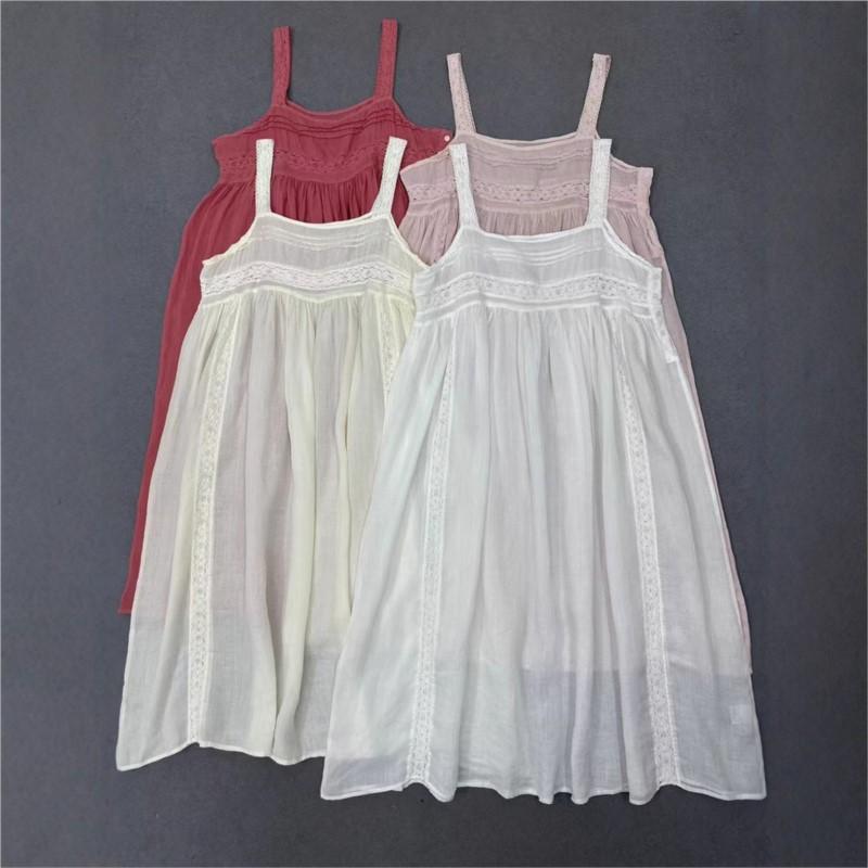 Johnature Sommer Damen Locker Vielseitig Pullover Seitenknopf Spitze Einsatz Schichtkleid Westenkleider