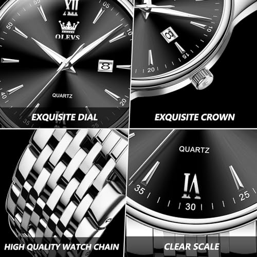 OLEVS Men's Stylish and Popular Black Quartz Analog Watch for Business and Work, Waterproof, Silver Stainless Steel Band, Black Dial, Date Display, Si