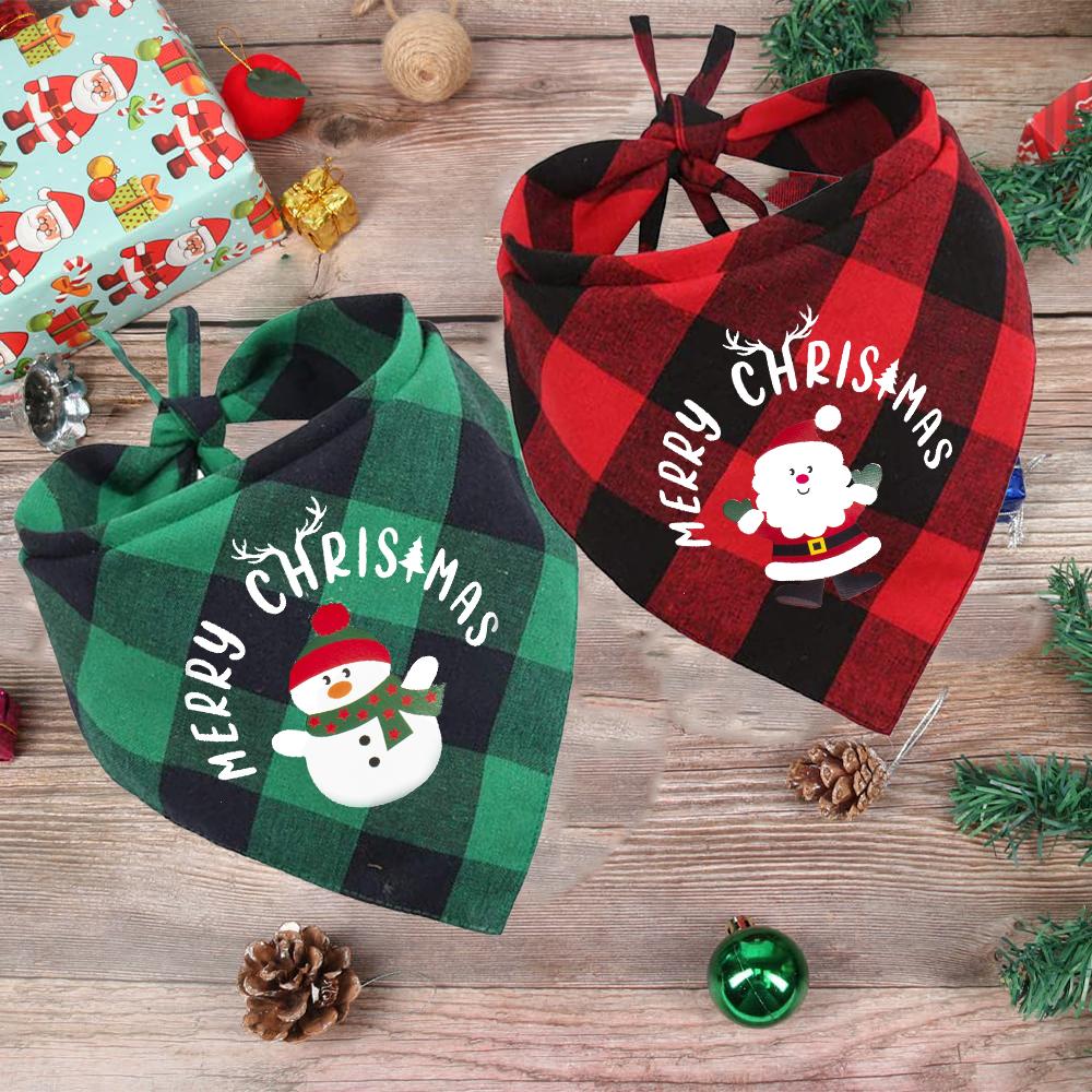 Merry Christmas 2 Pack Dog Bandana Christmas Classic Plaid Pet Scarf Santa Snowman Print Pet Drool Towel Xmas Accessories Scarf