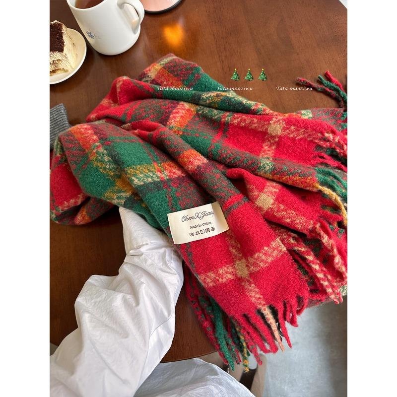 New red fringed plaid scarf winter women's Christmas lengthened thickened warm versatile shawl student scarf tide