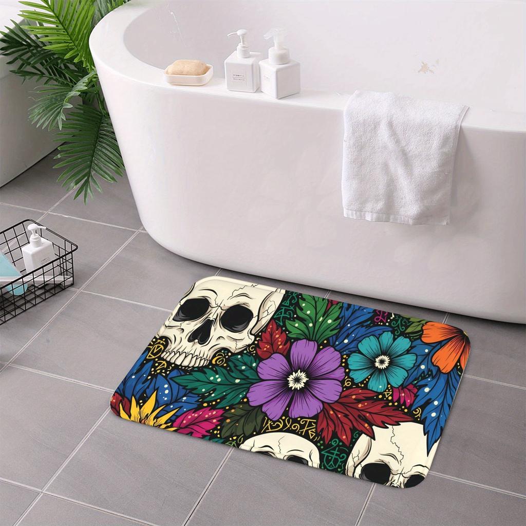 1PC Halloween Skull Flower Kitchen Rug Non-Slip Door Mat Pop Design Bathroom Rug Bath Mat Carpet for Home Sink Laundry Decor
