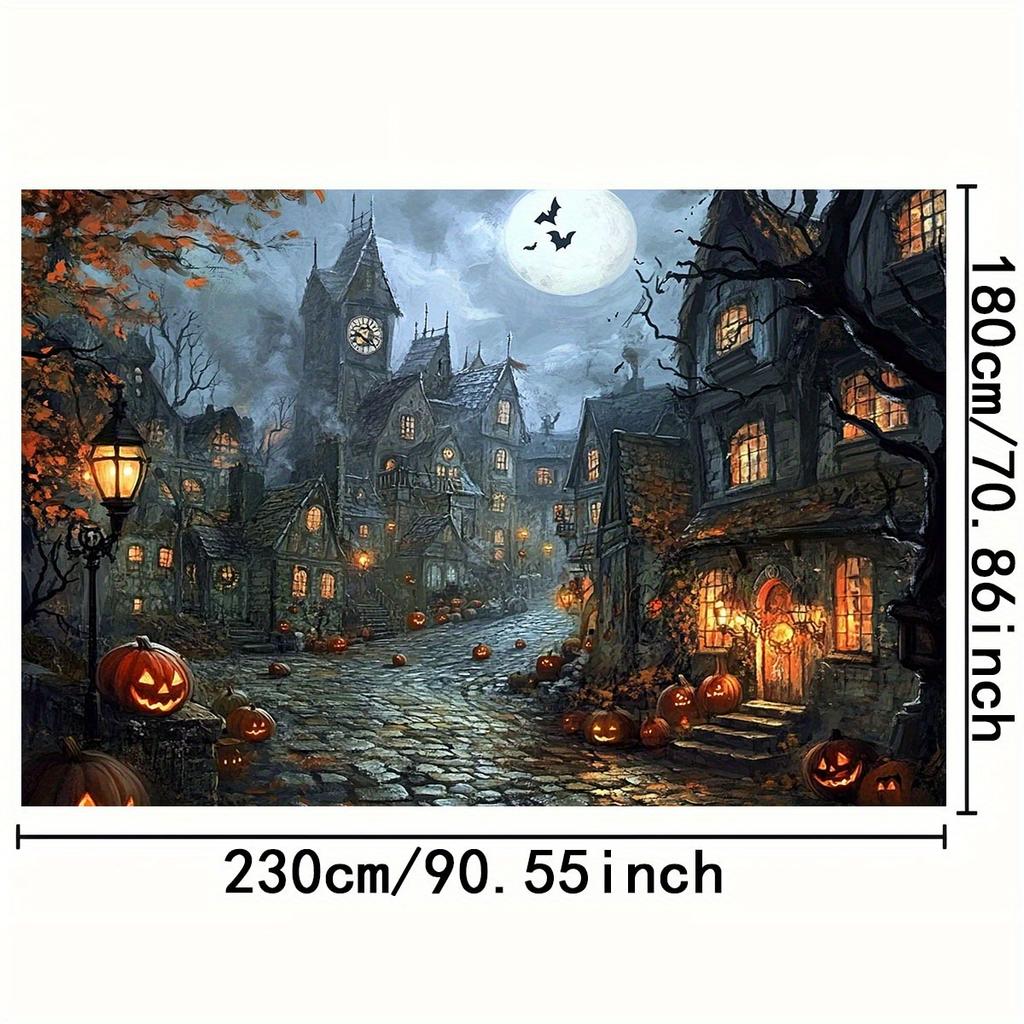 1 Piece of 2D Background Fabric Hand-painted Halloween Horror Style Dark Town and Pumpkin Lantern Design No Power Required