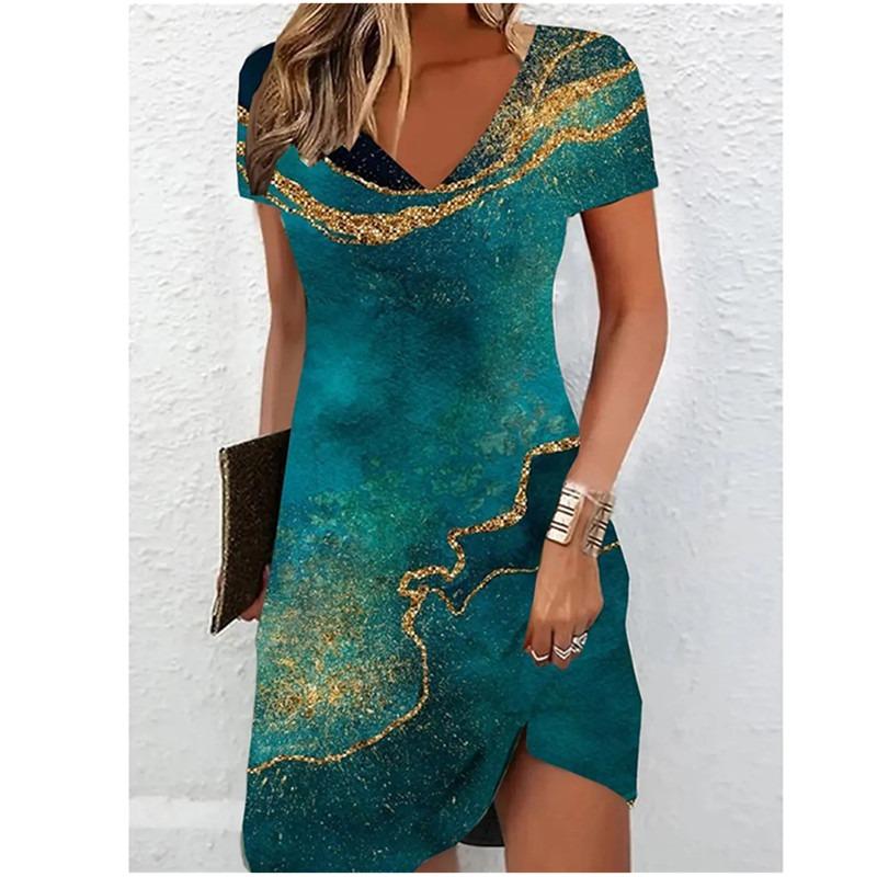 Women Short Sleeve V-Neck A-Line Dress Marble Pattern 3D Print Dress Oversizd Casual Elegant Female  Vestidos
