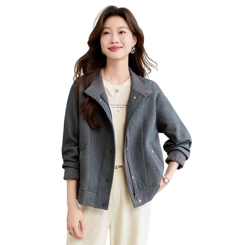 Damen 2025 Kariertes Patchwork Stehkragen Frühlingsjacke - Vielseitiges Lässiges Mode Sweatshirt Oberteil