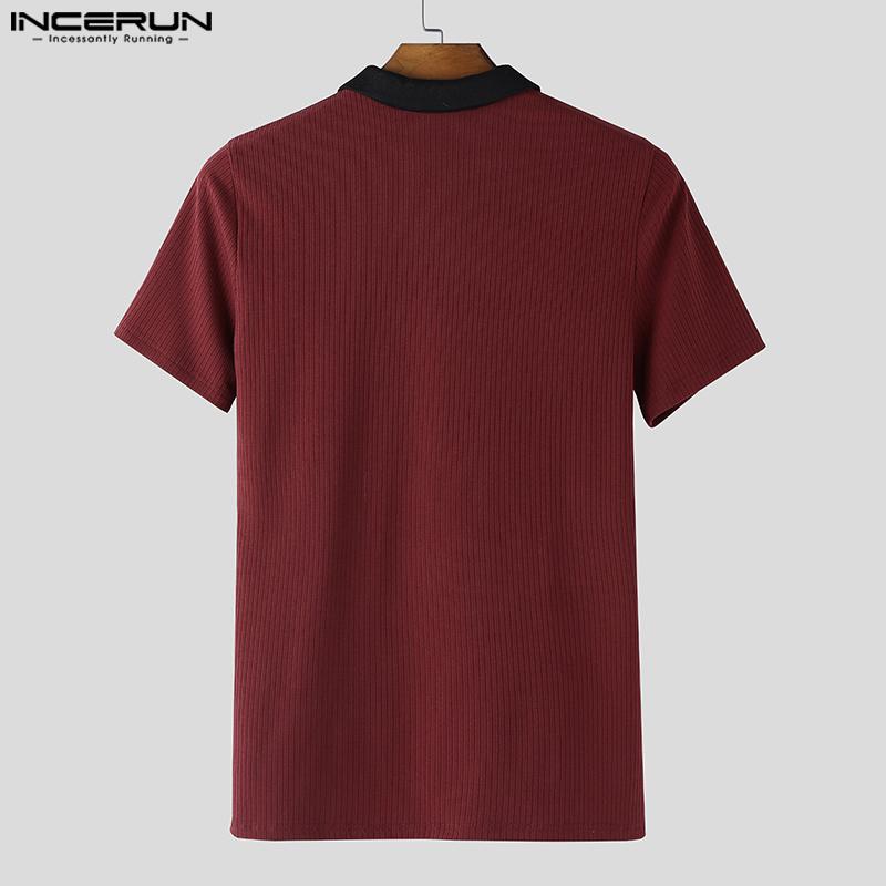 INCERUN Men Lapel Neck Stitching Short Sleeve Zipper Splits Fitted Casual Tops T-shirts