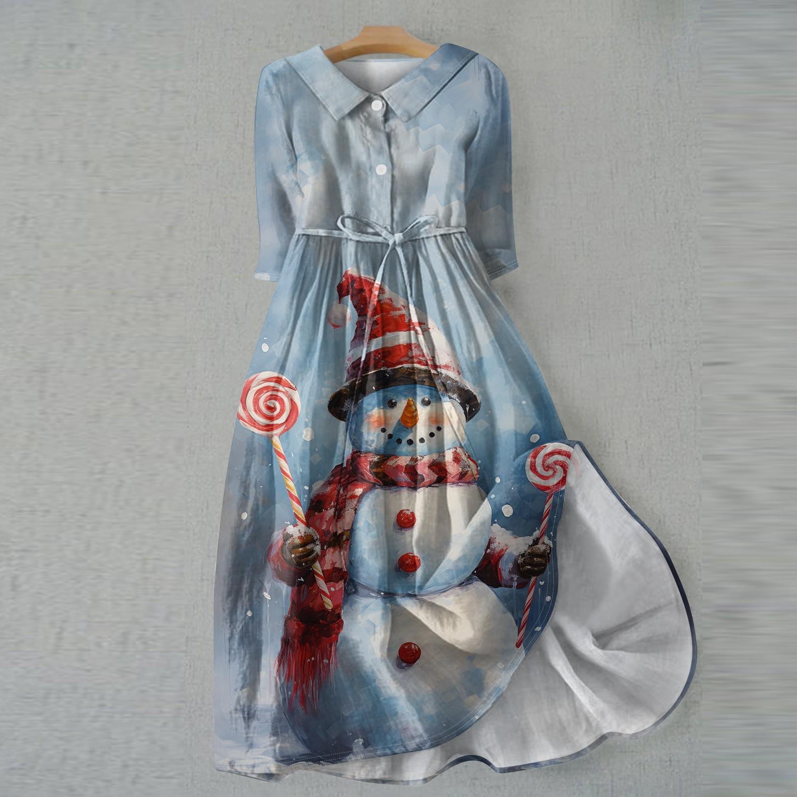 

Женское модное рождественское принтовое платье с отворотом, застегивающимся на пуговицы, рукавами-семью точками и завязками XL