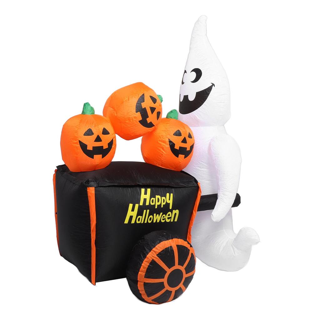 6ft Halloween Inflatable Ghost Pushing Pumpkin Cart Decor IP44 with Blower LED Lights Outdoor