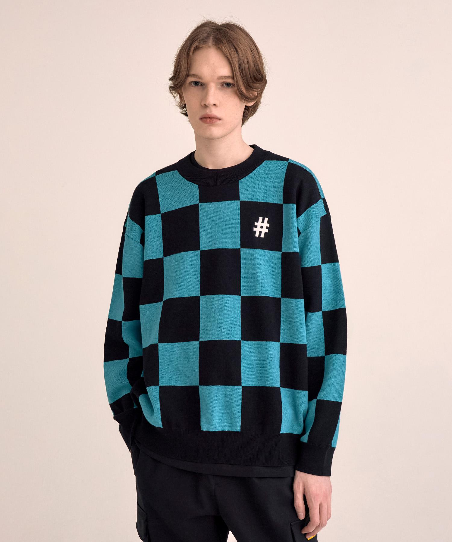 Vintril Classic Checkerboard Oversized Knit (Teal) Xl
