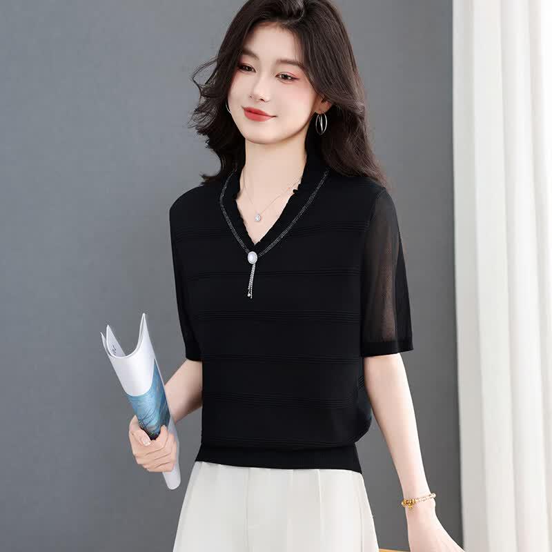 Women's Summer V-Neck Mesh Sleeve Knit Top