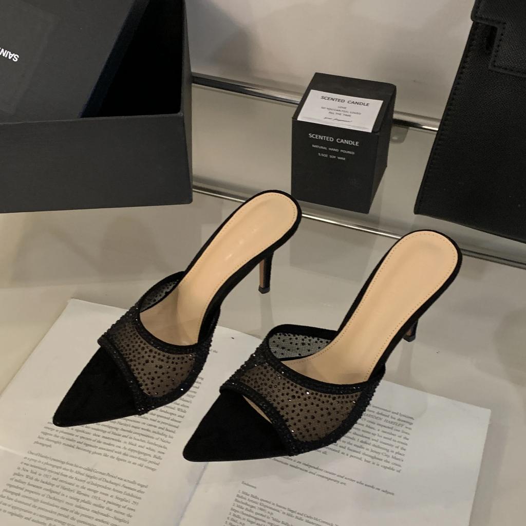 Sommermode Damen Spitzschuh Strass Mesh Wildleder Stiletto Hoher Absatz Pantoletten Damen Party Kleiderschuhe