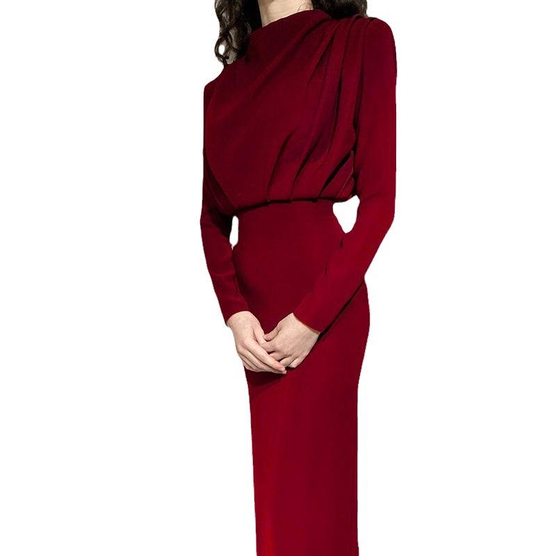 Fashion Elegant Long Sleeved Slim Fit Dress Autumn New Half High Collar Loose Casual Simple Long Dresses Solid Color Streetwear High Waist Clothing