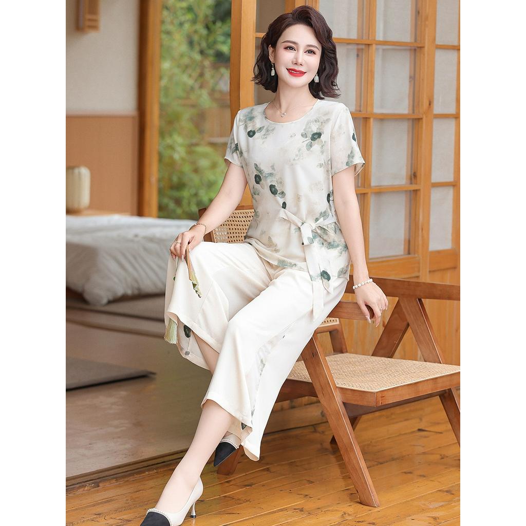 Mother Temperament Plus Size Chiffon Small Shirt Women's Summer Wide-leg Pants Middle-aged and Elderly Summer Western Style Half-sleeved Suit
