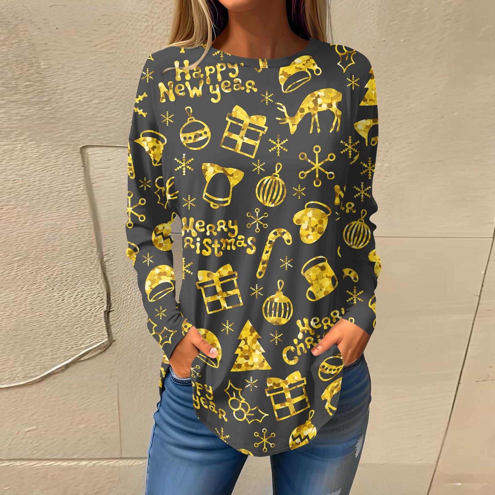 

Футболки для женщин, осенние повседневные рубашки с длинным рукавом, толстовки с винтажным графическим принтом, топы, пуловеры, рождественские XL жёлтый