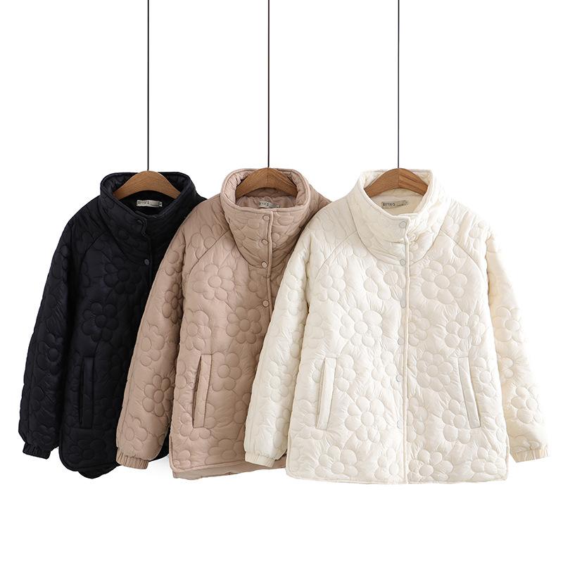 Autumn Winter Floral Pattern Stand Collar Cotton-Padded Jacket, Women Loose Fit Warm Casual Padded Outerwear Coat