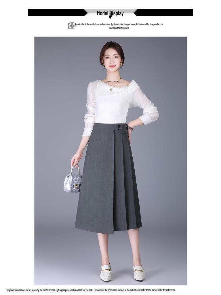 Women's Fashionable A-line Pleated Midi Skirt, High Waist, Slimming Large Hem, Casual 2026 Spring Collection
