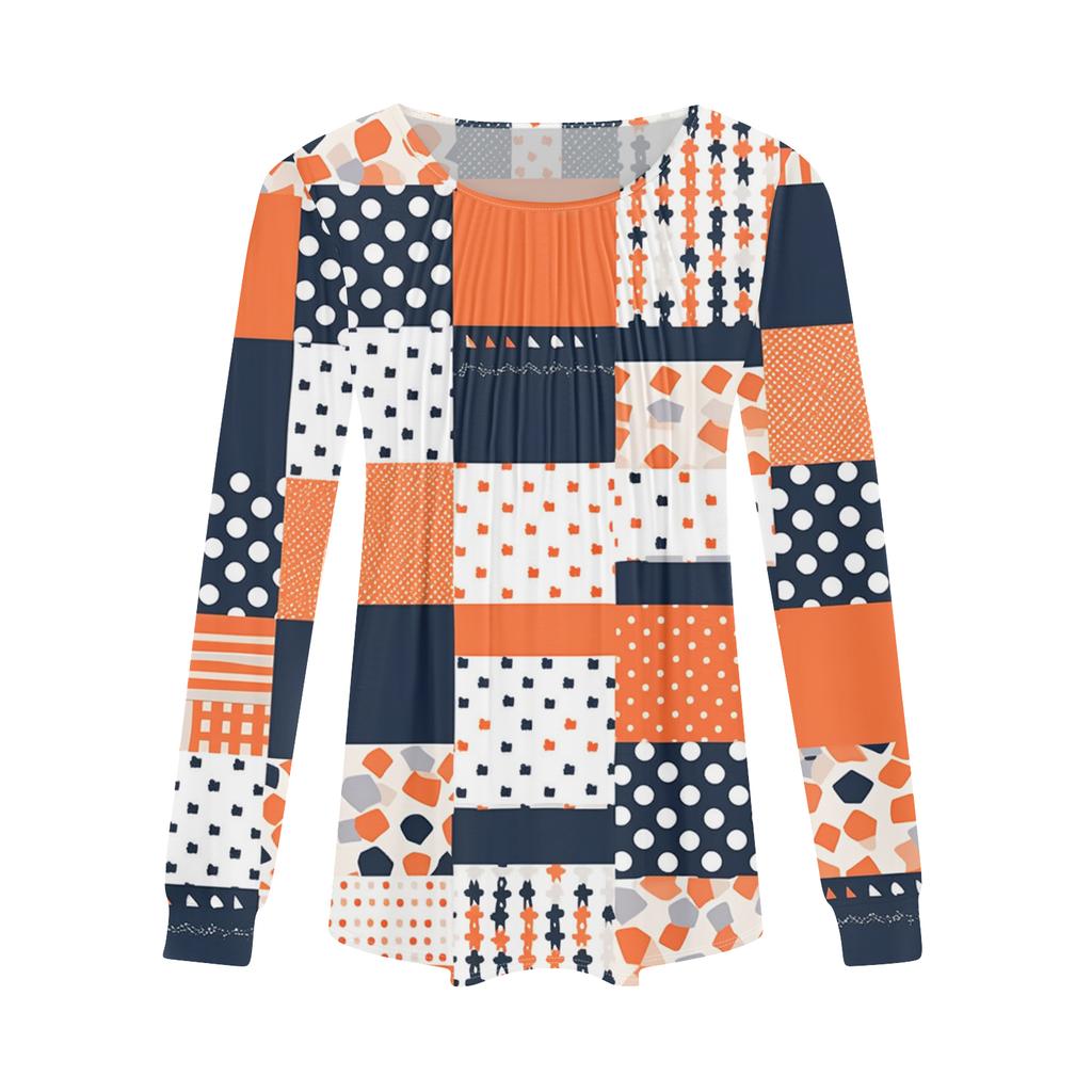 Women's Fashion Casual Pleated Round Neck Vintage Floral Print Long Sleeve T,Shirt Top