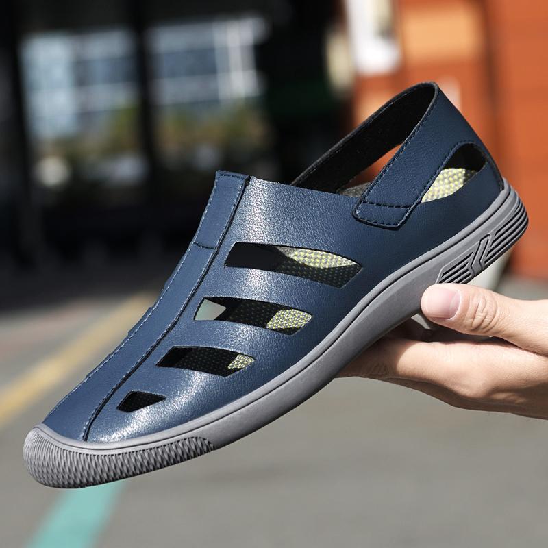 Fashion Fashionable Outdoor Men Breathable Hollow Out Casual Anti Slip Beach Shoes Summer New Men Comfortable Leather Hole Shoes Sandals