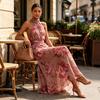 Yangyizhi Floral Chiffon Dress for Women, Halter Sleeveless Ruched Maxi Dress, Turtle Neck Wedding Guest Cocktail Evening