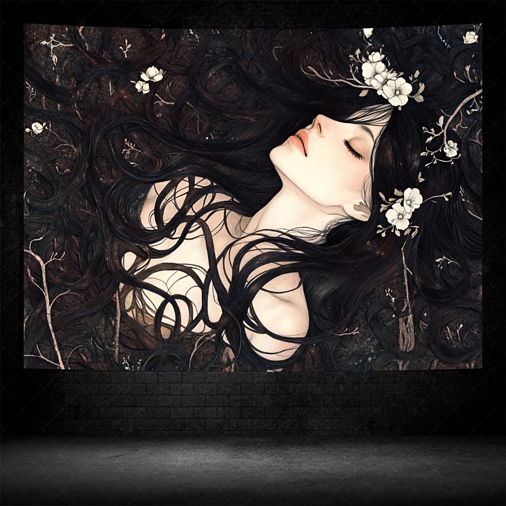 

Ethereal Woman Tapestry Flowing Hair White Flowers Intricate Details for Artistic and Dreamy Home Decor Wall Art 74x94cm(29x37in)