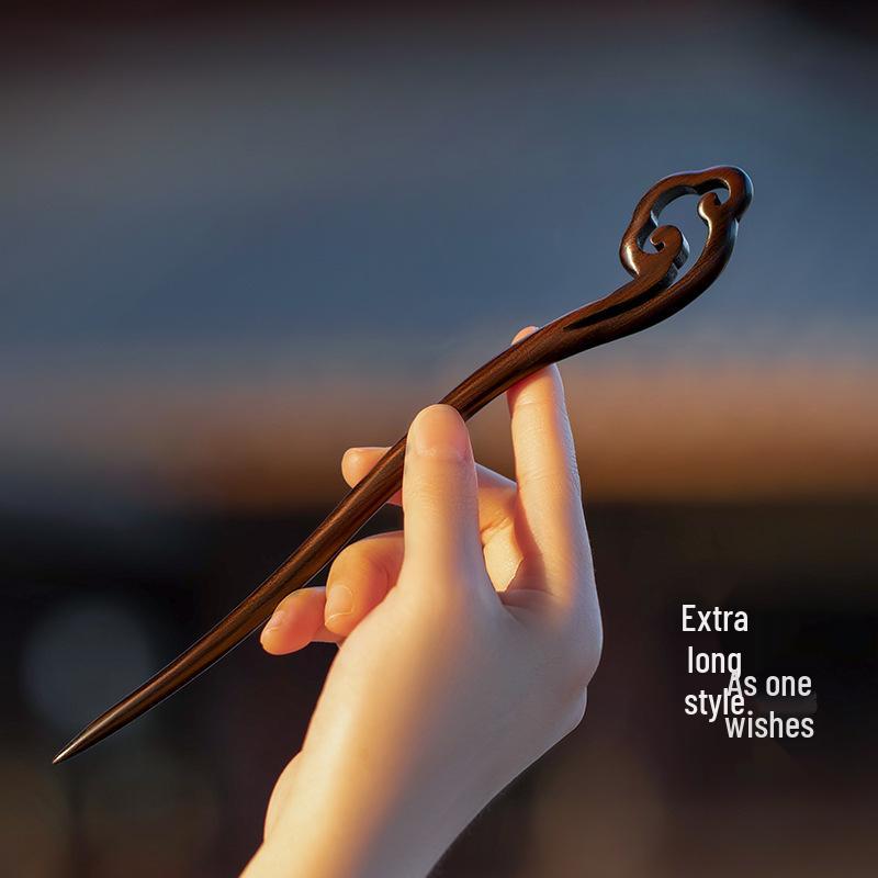 High-End Natural Ebony Wood Hairpin - Extended Chinese Ancient Style Black Hair Bun Accessory