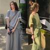 2 Pcs/Set Women Top Skirt Set Round Neck Solid Color Short Sleeves T-shirt Adjustable Waist Pleated Maxi Skirt Casual Commute Dating T-shirt Set