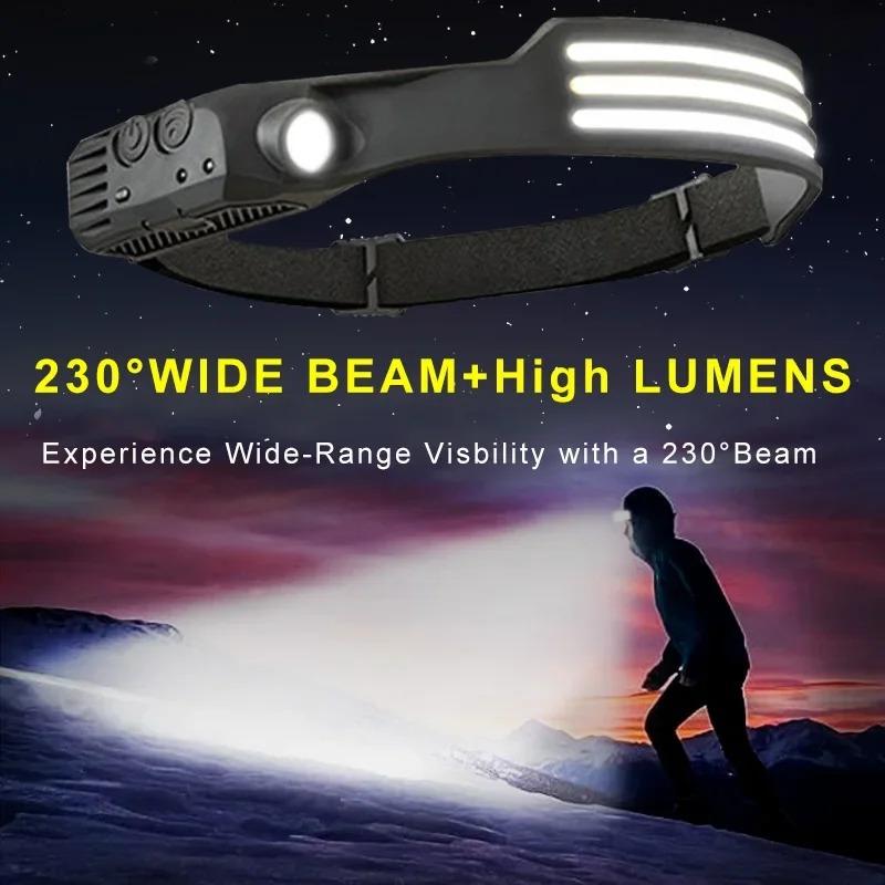 Head Led Light Sensor HeadLight USB Rechargeable Built-in Battery Flashlight Head Torch 5 Lighting Modes Waterproof Headlight