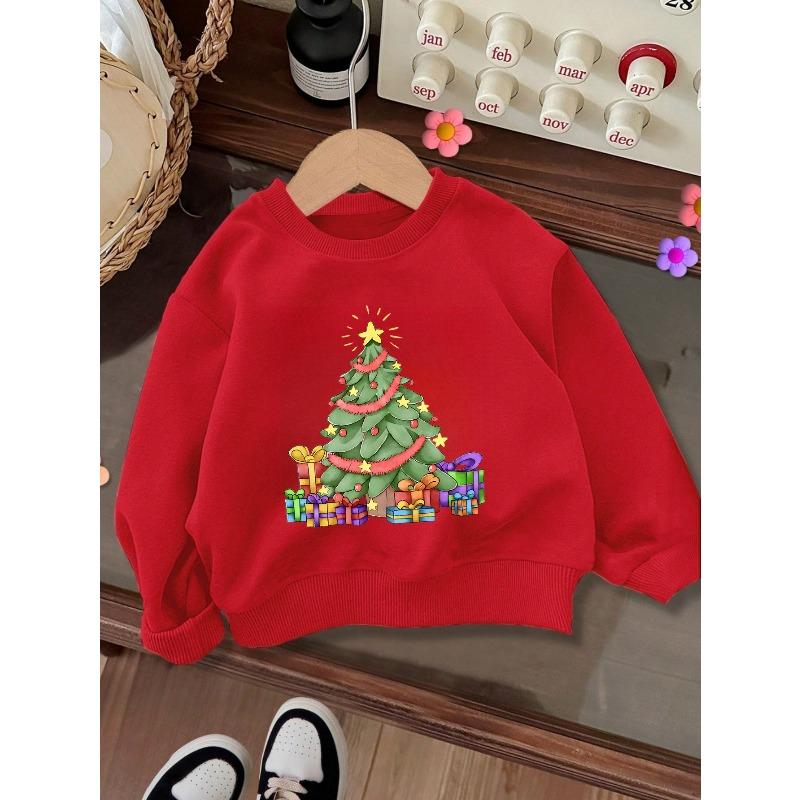 Kids Crewneck Sweatshirt, Cartoon Christmas Tree & Gift Box Print, Casual Tops for Fall & Winter