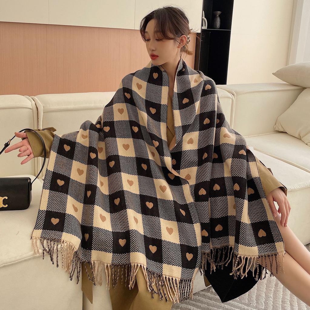 Imitation cashmere versatile love plaid scarf thickened tassel warm air conditioner shawl scarf
