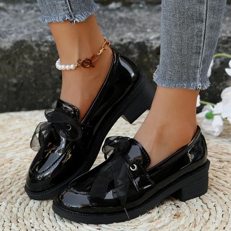Fashion Women Chunky Loafers Fashion Bowknot Patent Leather Mid Heels Shoes 2024 Autumn Female New Brand Designer Pumps Mujer Zapatillas