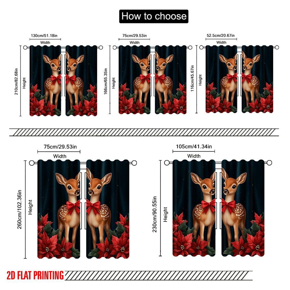 2pcs,2D plane printing Curtain Fabric Cute Fawns Christmas Poinsettias Versatile Polyester Fabric (without rod) Decorations