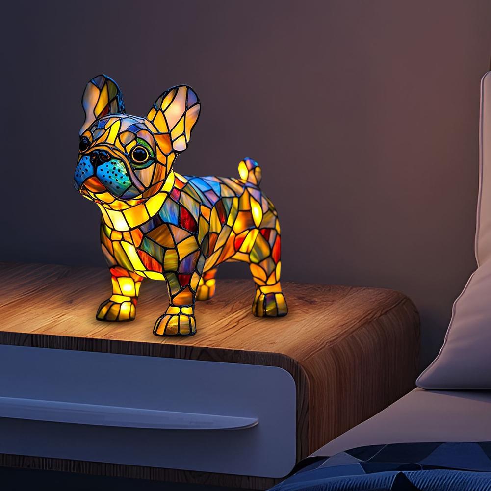 LED Animal Resin Table Lamp Dog Series Art Night Light 3D Stained Glass Cute Dog Bedside Lamp for Living Room Bedroom Decoration