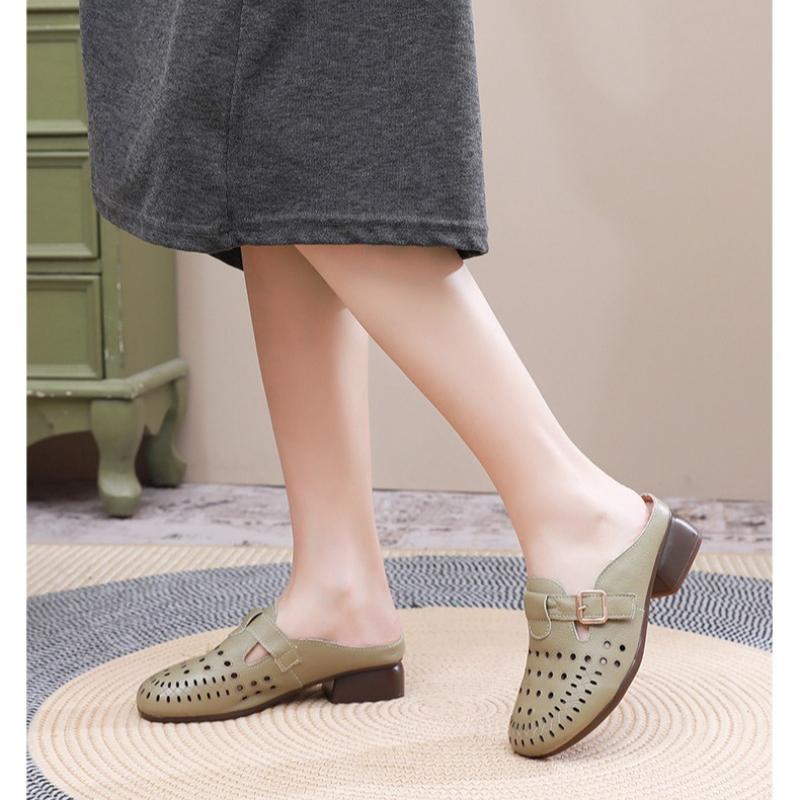 New Summer Genuine Leather Sandals Round Toe Hollow Women's Slippers Outerwear Cool Breathable Fashion Slippers