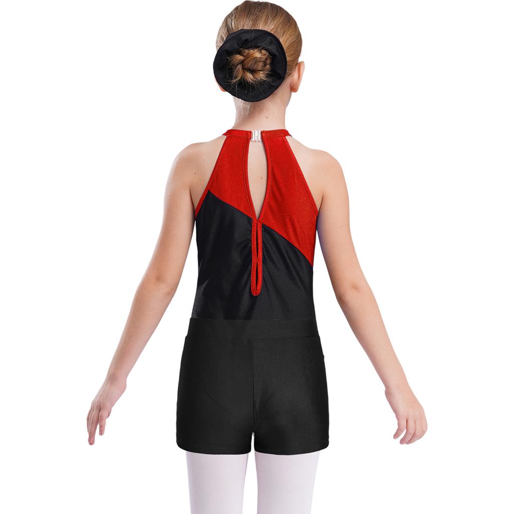 Leotard da Danza da Bambina Senza Maniche con Schiena Scoperta e Strass Brillanti con Fascia per Capelli e Pantaloncini con Vita Elastica