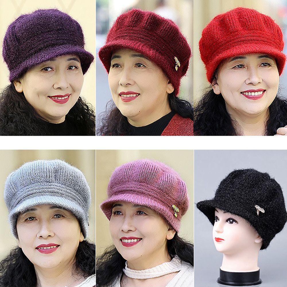 Fleece Lined Knitted Wool Hat Thickened Ear Protection Cap Pumpkin Beret Hat for Middle Aged Women