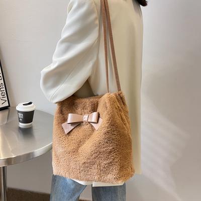 Plush Large Capacity Shoulder Bag Bowknot Bagautumn And Winter Newest Style Bucket Bag Women'S Underarm Handbag Tote Bag