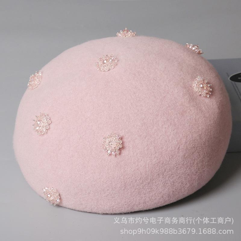 Hand-sewn pure wool beret women's autumn and winter fashion warm painter hat foreign elegant versatile pumpkin hat tide