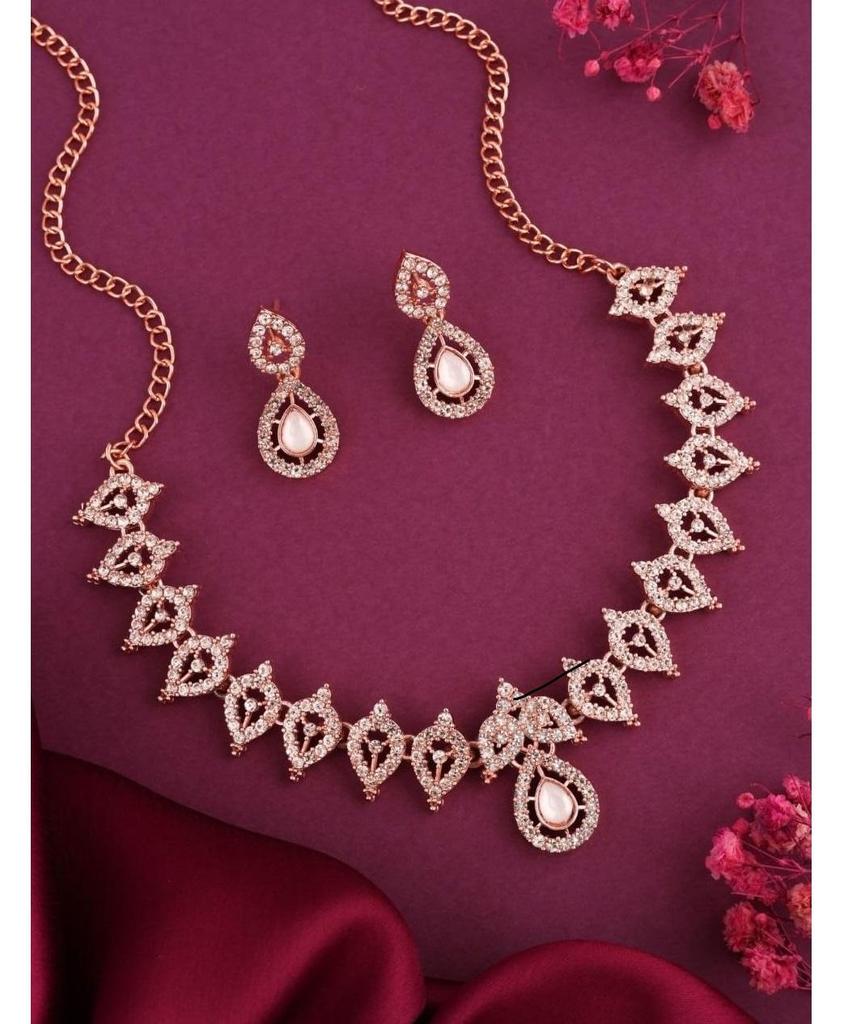 Elegantes Rosegold-Plattiertes Halsketten-Set mit Ohrringen für Damen | Braut- & Party-Modeschmuck