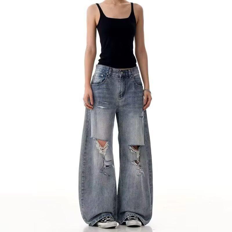 American high street ripped design feeling washed jeans men's summer trend loose casual wide-leg straight trousers