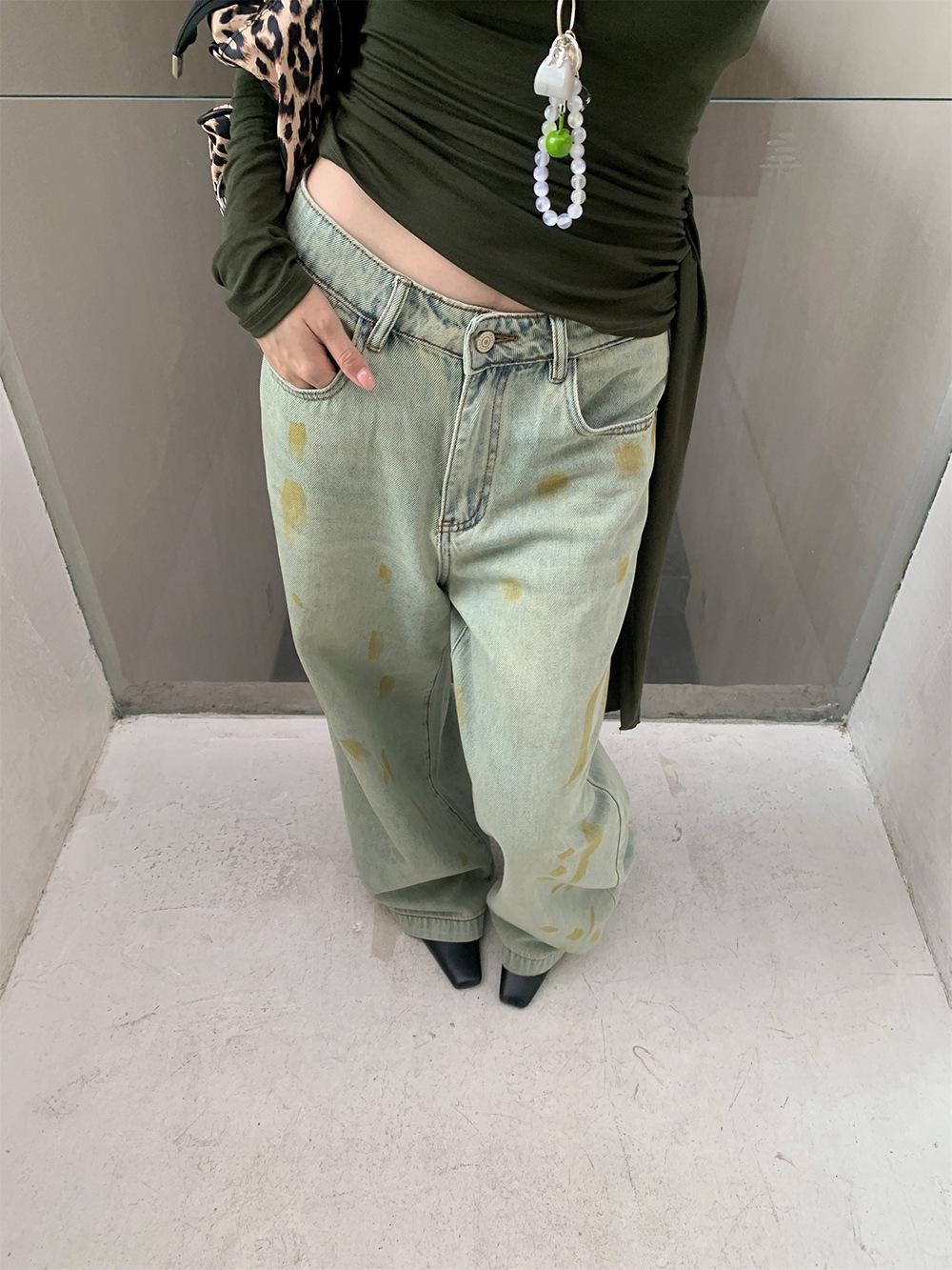 Retro Distressed Mud Yellow Wide Leg Jeans for Women - 2025 Autumn Collection S светло-синий