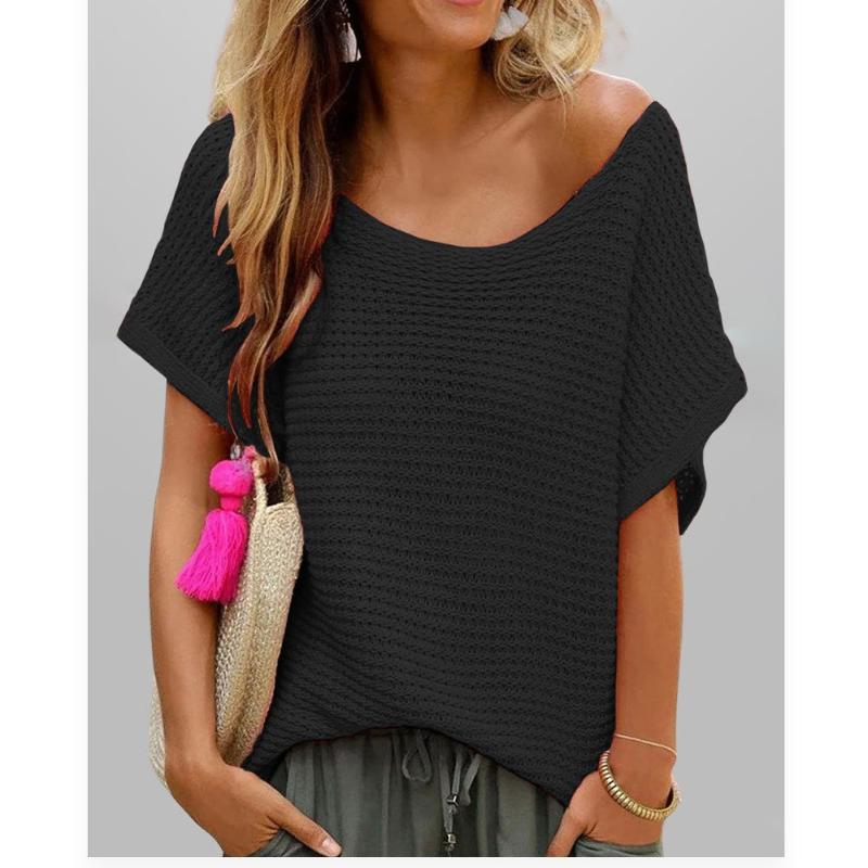 Fashion Casual Crew Neck Solid Color Knitted Sweater Loose Short Sleeve Women's Top