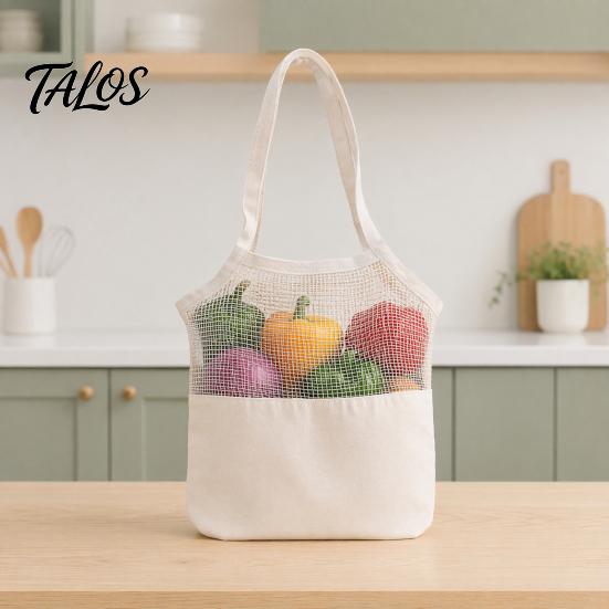 Canvas Shopping Bag, Breathable Mesh Splicing Design, with Reinforced Straps Grocery Tote, for Fruits Vegetables Bread Snacks