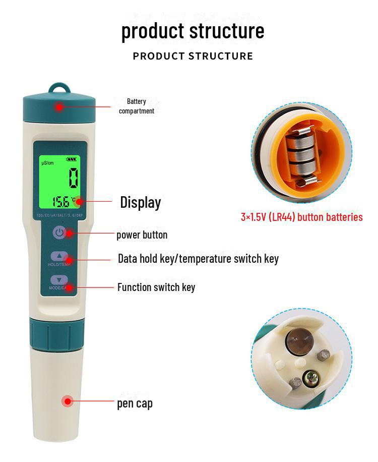 Testeur de pH et de salinité de l'eau de mer TDS 8 en 1 - Stylo de test de la qualité de l'eau riche en hydrogène