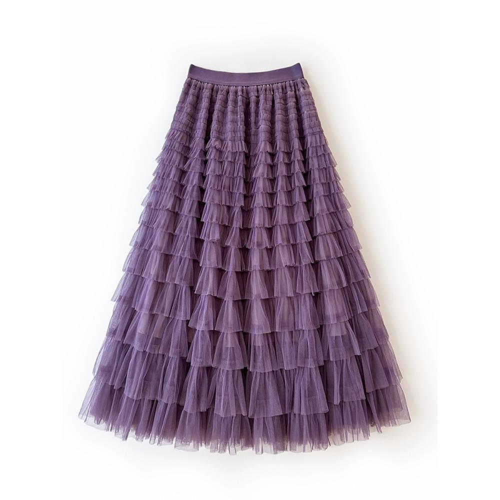 Women's Elastic Waist A‑Line Maxi Tulle Skirt Fresh Sweet Tiered Cake Long Skirt