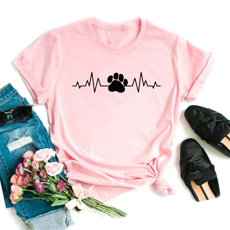 Women Dogs Paws Love Heart Printed T-shirts Fashion Summer Short Sleeve Lady Womens Clothes Tops T-Shirt Black Shirt Tees Female