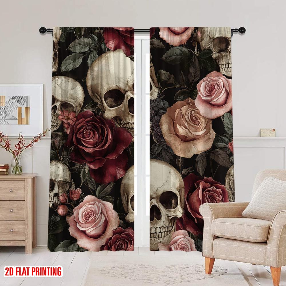 Flat Printing Curtains Gothic Skull Polyester Without Electricity Family Party Suitable Living Room Outdoor Decor Set Of 2 Made