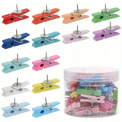 50pcs Pastel Push Pins with Wooden Clips-Colorful Thumb Tacks for Classroom,Office, Home Bulletin Boards|Vibrant Push Pins