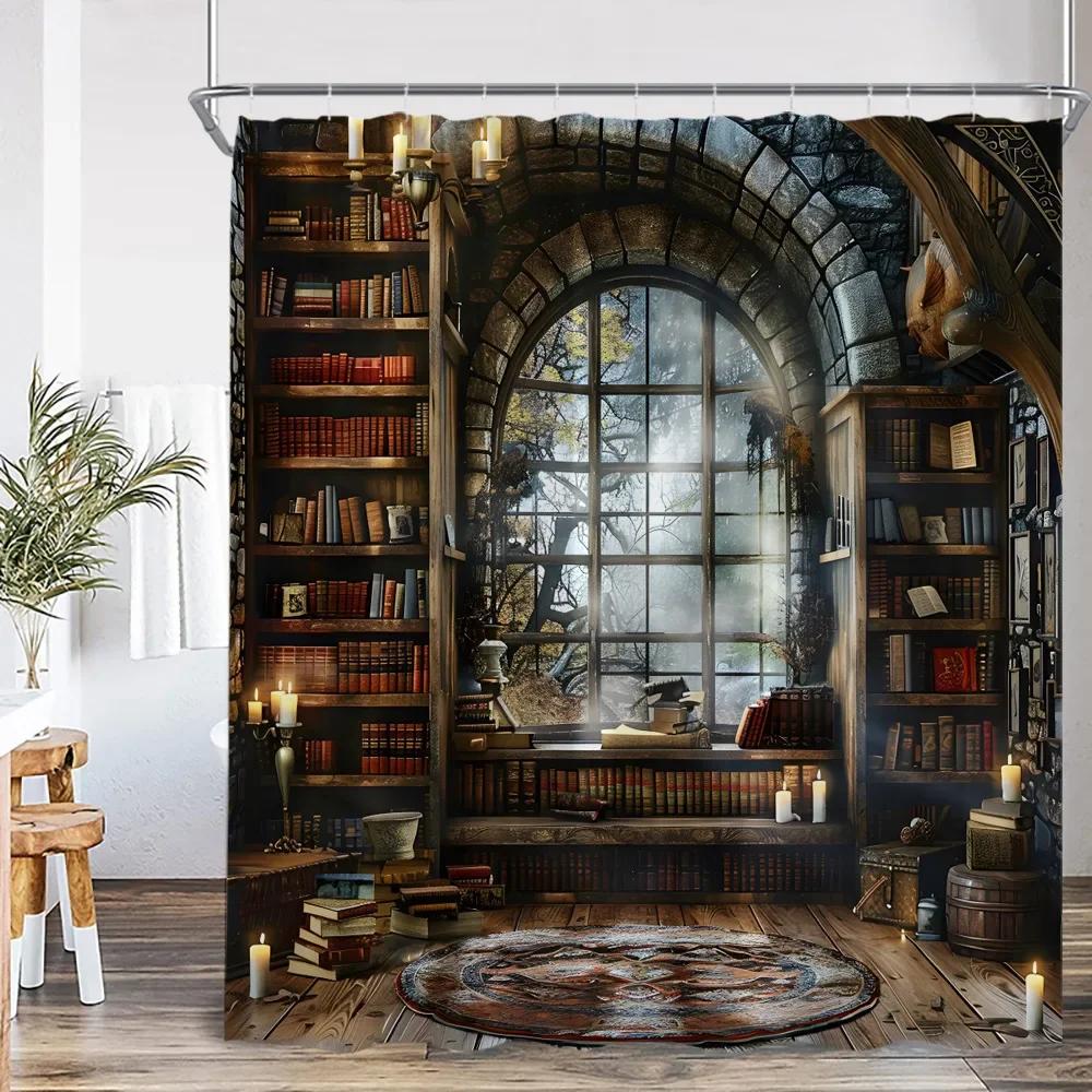 Vintage Library Shower Curtain Medieval Study Antique Castle Bath Decoration Study Theme Polyester Shower Curtain
