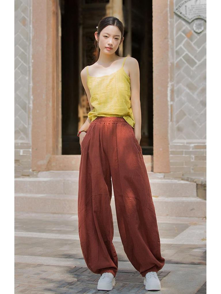 Damen Frühling Baumwolle-Leinen Locker Geschnitten Ramie Laternenhose