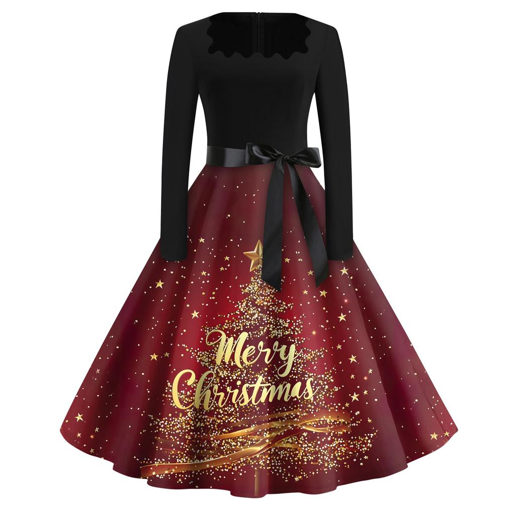 Christmas Print Flare Dress For Women Long Sleeve Dress Hollow Party Casual Square Collar Dresses